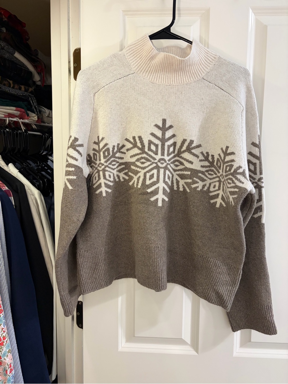 LOFT Two-Tone Snowflake Mock Neck Sweater - Cream and Taupe